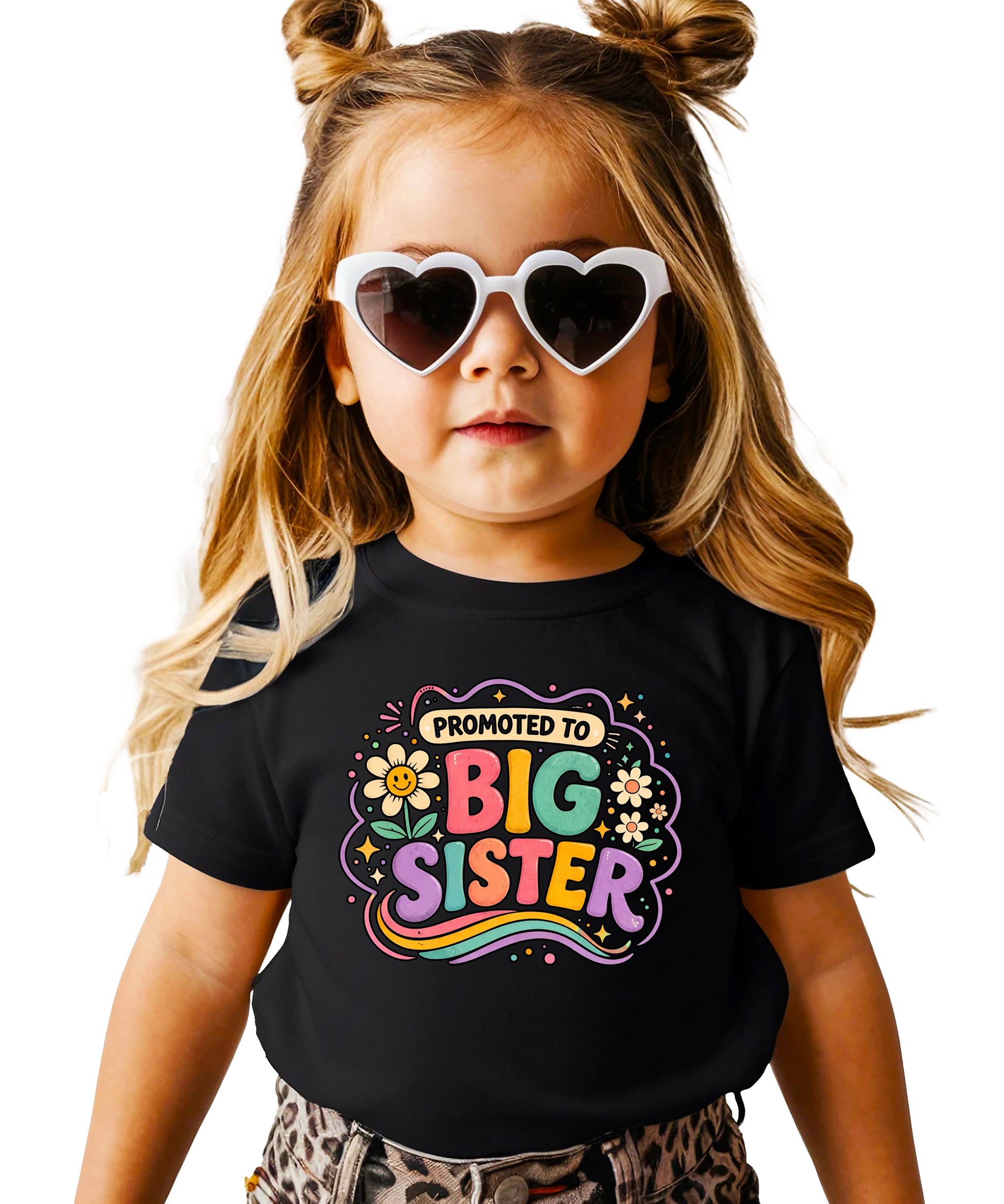 Promoted to Big Sister daisy rainbow girls tee in Black by Olive Loves Apple (view 3)