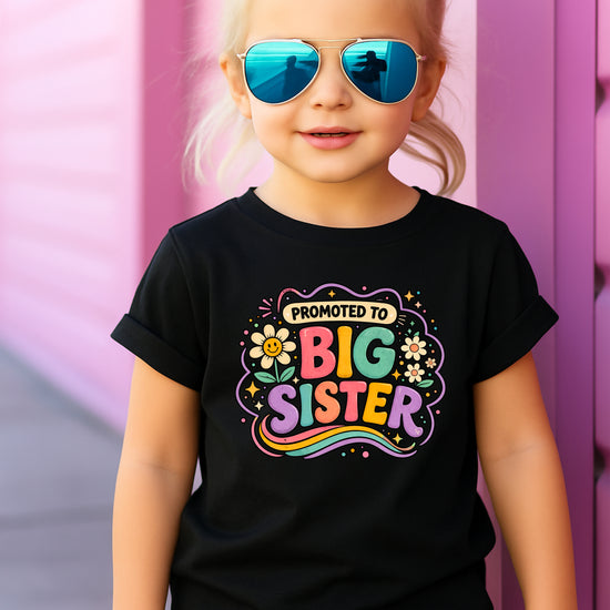 Promoted to Big Sister daisy rainbow girls tee in Black by Olive Loves Apple (view 4)
