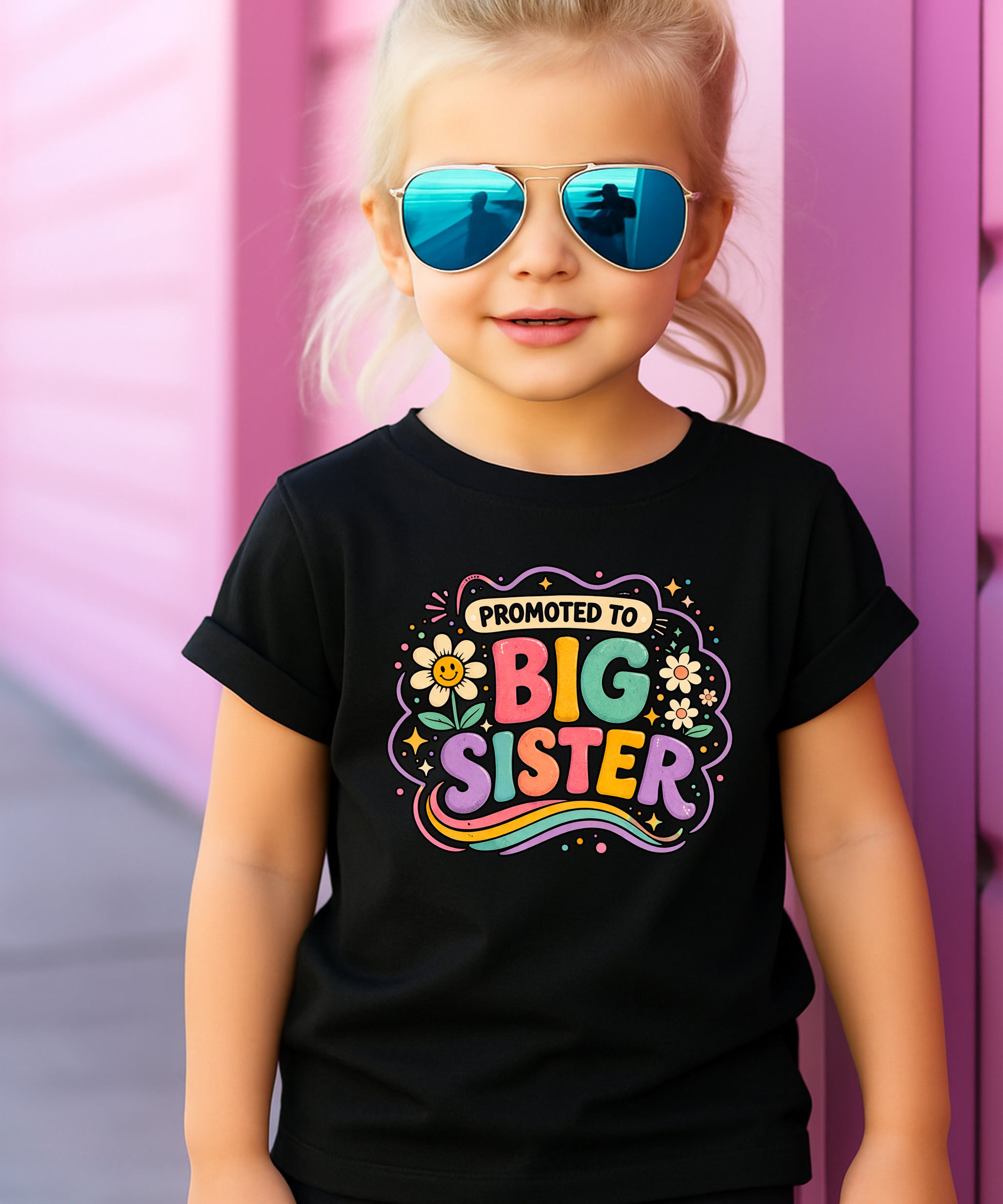Promoted to Big Sister daisy rainbow girls tee in Black by Olive Loves Apple (view 4)