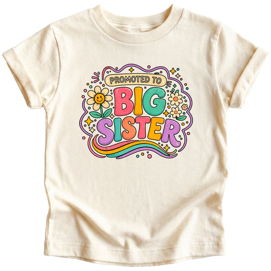 Promoted to Big Sister daisy rainbow girls tee in Natural by Olive Loves Apple (view 1)