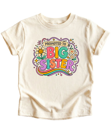Promoted to Big Sister daisy rainbow girls tee in Natural by Olive Loves Apple (view 1)