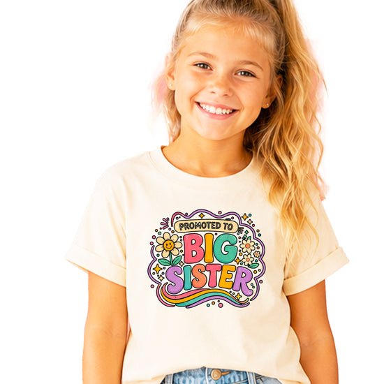 Promoted to Big Sister daisy rainbow girls tee in Natural by Olive Loves Apple (view 2)