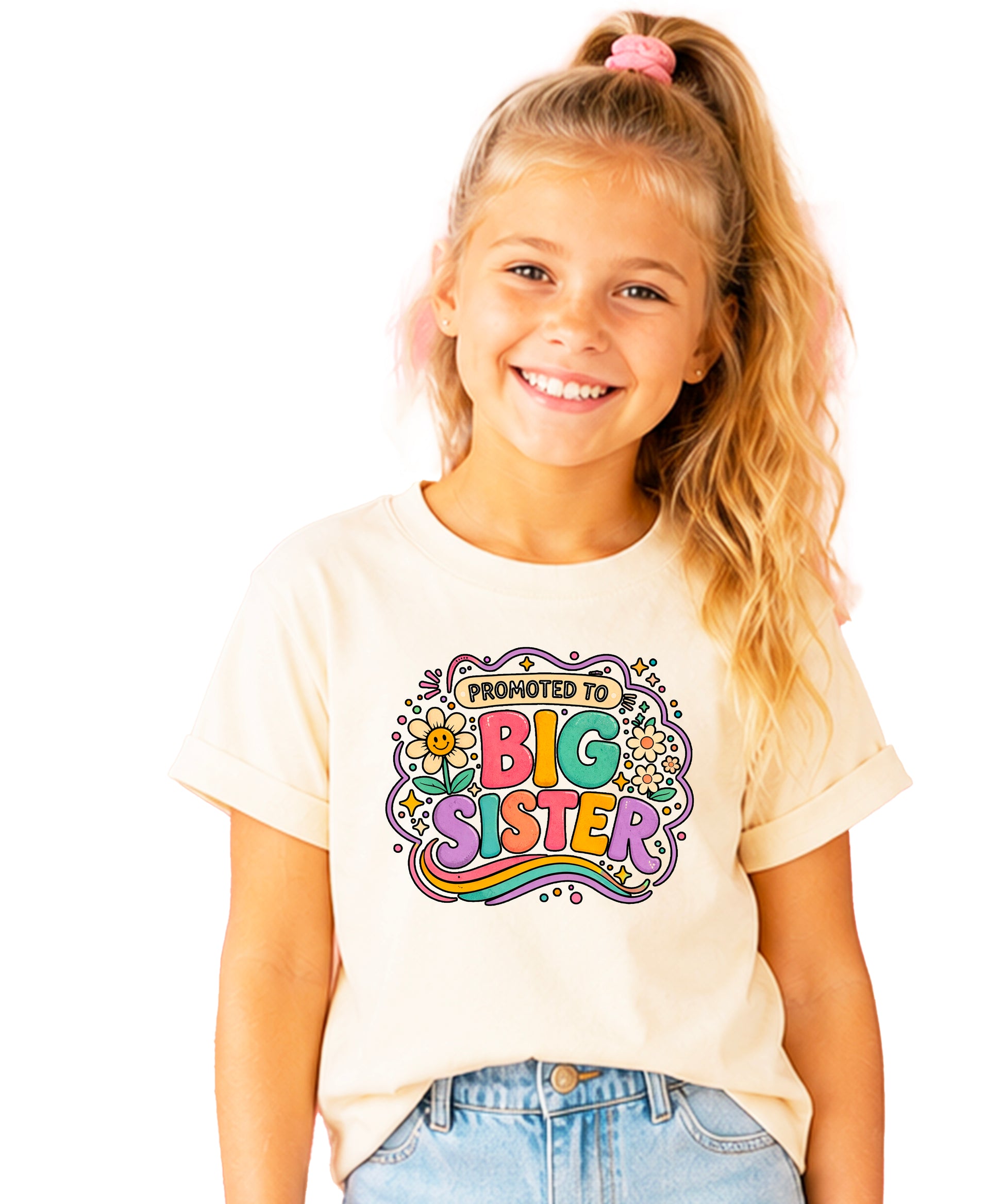 Promoted to Big Sister daisy rainbow girls tee in Natural by Olive Loves Apple (view 2)