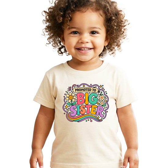 Promoted to Big Sister daisy rainbow girls tee in Natural by Olive Loves Apple (view 3)