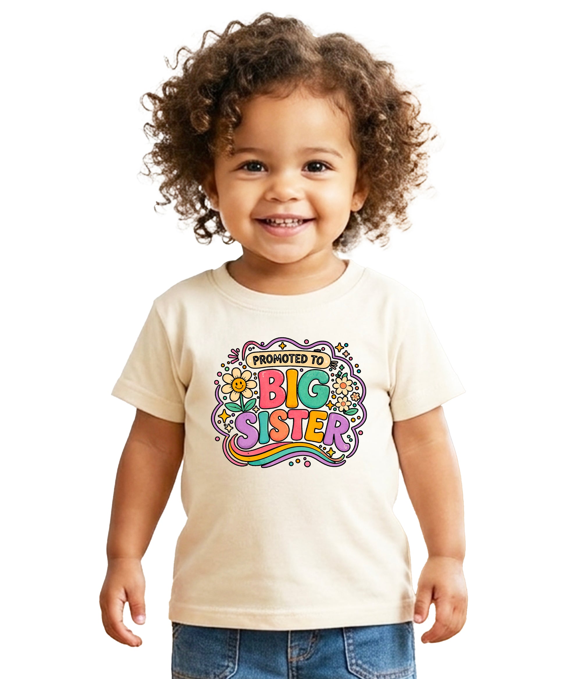 Promoted to Big Sister daisy rainbow girls tee in Natural by Olive Loves Apple (view 3)