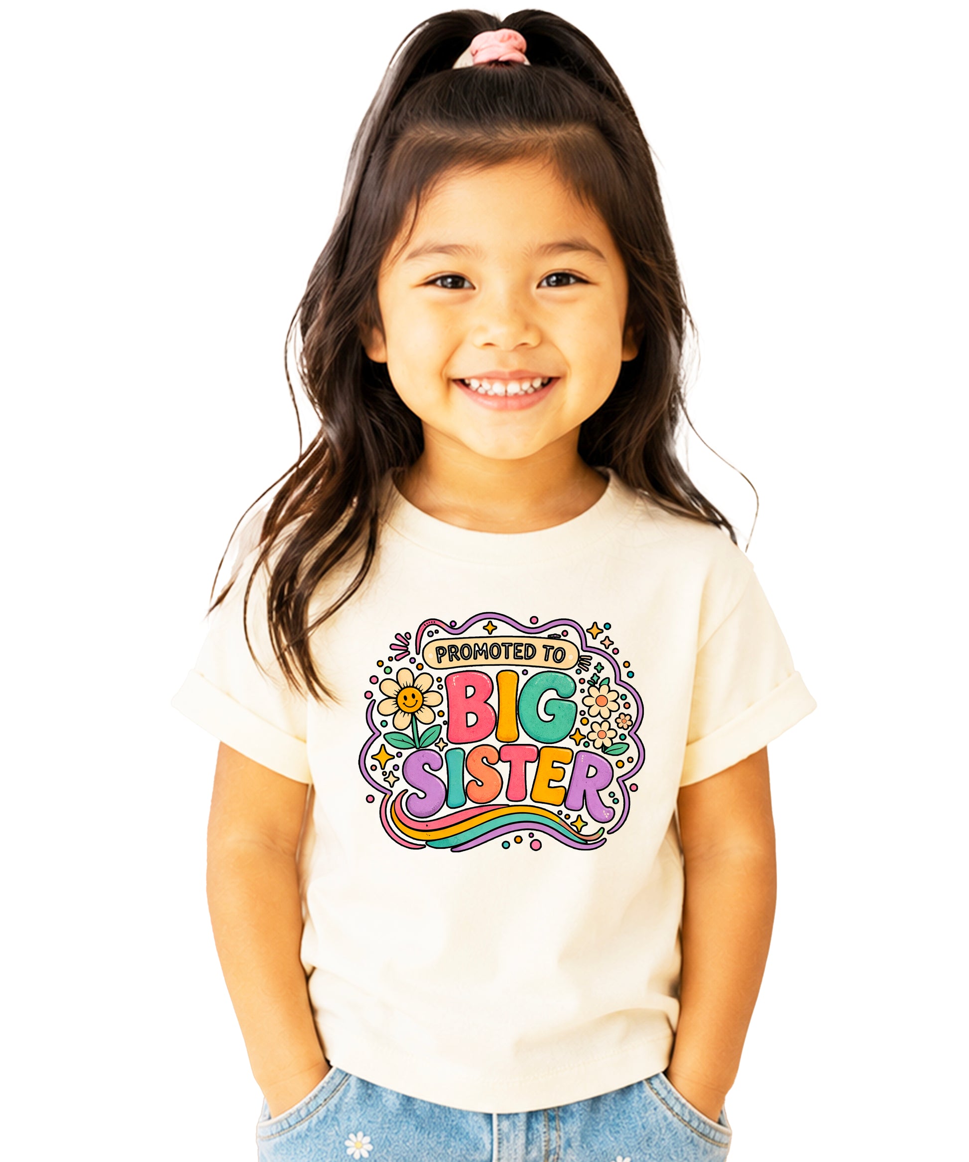 Promoted to Big Sister daisy rainbow girls tee in Natural by Olive Loves Apple (view 4)