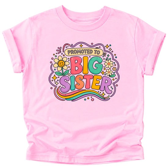 Promoted to Big Sister daisy rainbow girls tee in Pink by Olive Loves Apple (view 1)