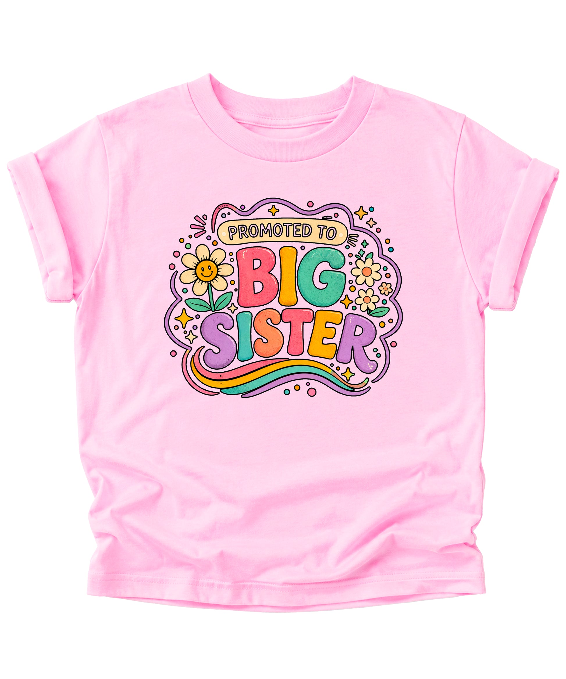 Promoted to Big Sister daisy rainbow girls tee in Pink by Olive Loves Apple (view 1)