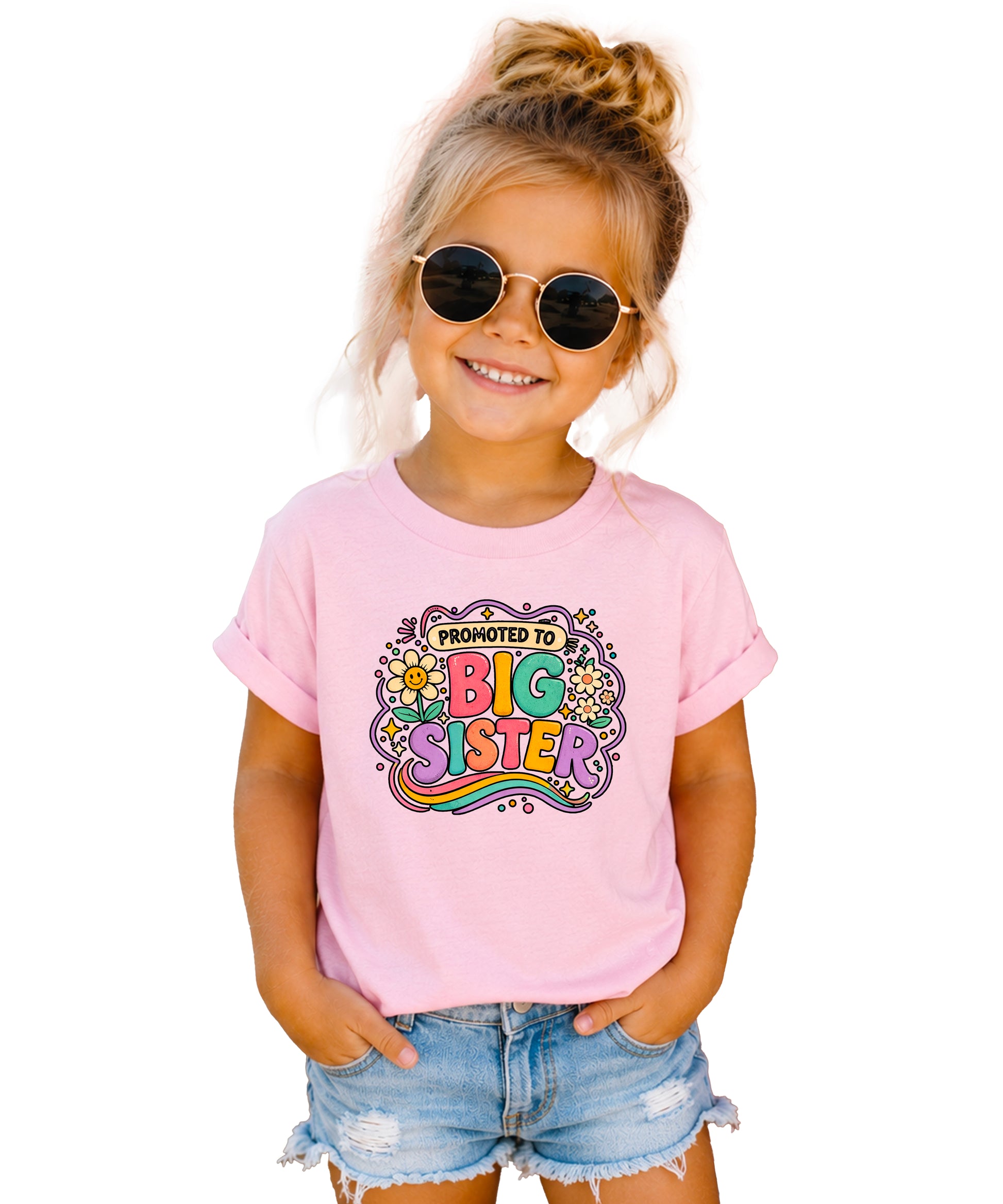 Promoted to Big Sister daisy rainbow girls tee in Pink by Olive Loves Apple (view 2)