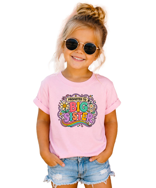 Promoted to Big Sister daisy rainbow girls tee in Pink by Olive Loves Apple (view 2)