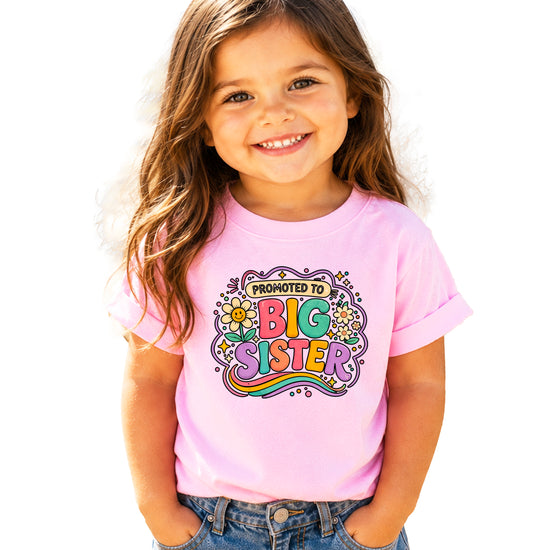 Promoted to Big Sister daisy rainbow girls tee in Pink by Olive Loves Apple (view 3)