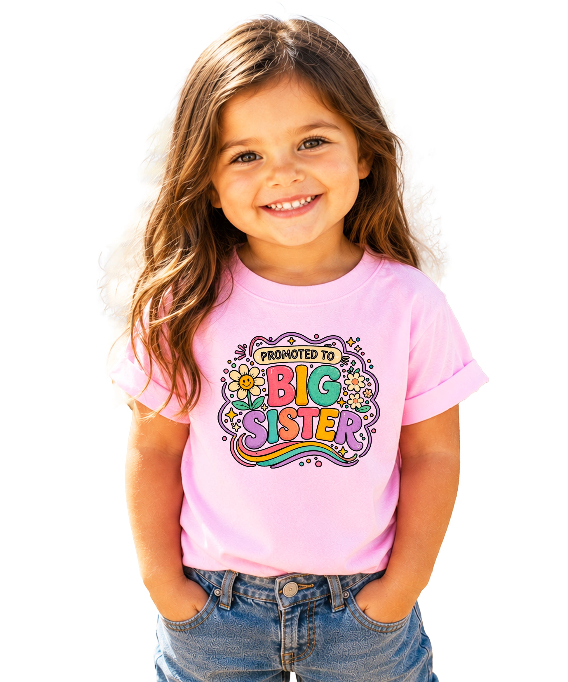 Promoted to Big Sister daisy rainbow girls tee in Pink by Olive Loves Apple (view 3)