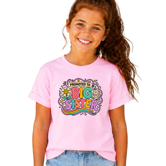Promoted to Big Sister daisy rainbow girls tee in Pink by Olive Loves Apple (view 4)