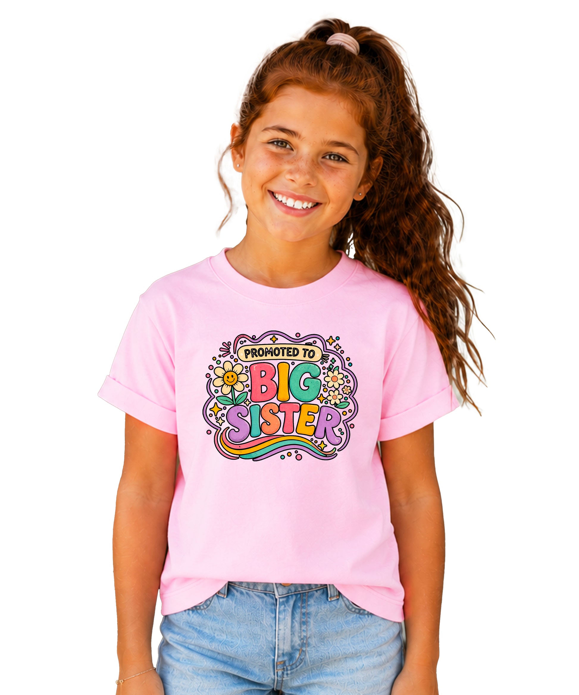 Promoted to Big Sister daisy rainbow girls tee in Pink by Olive Loves Apple (view 4)