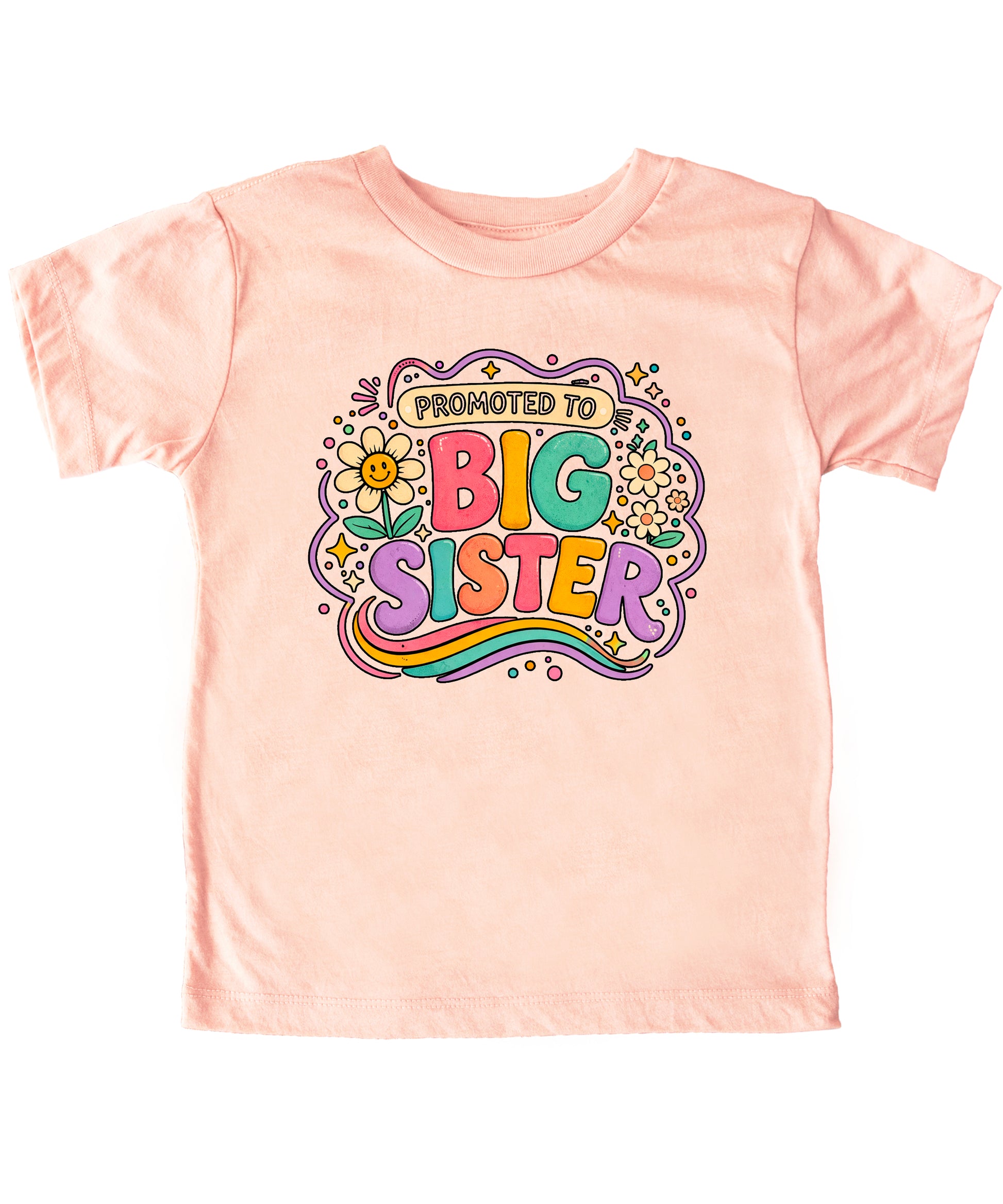 Promoted to Big Sister daisy rainbow girls tee in Peach by Olive Loves Apple (view 1)
