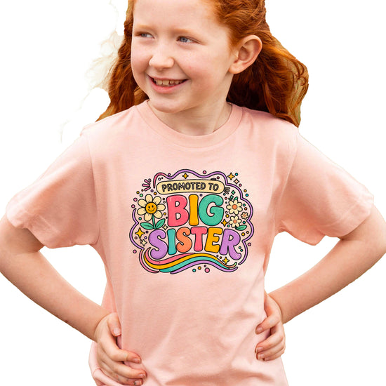 Promoted to Big Sister daisy rainbow girls tee in Peach by Olive Loves Apple (view 2)