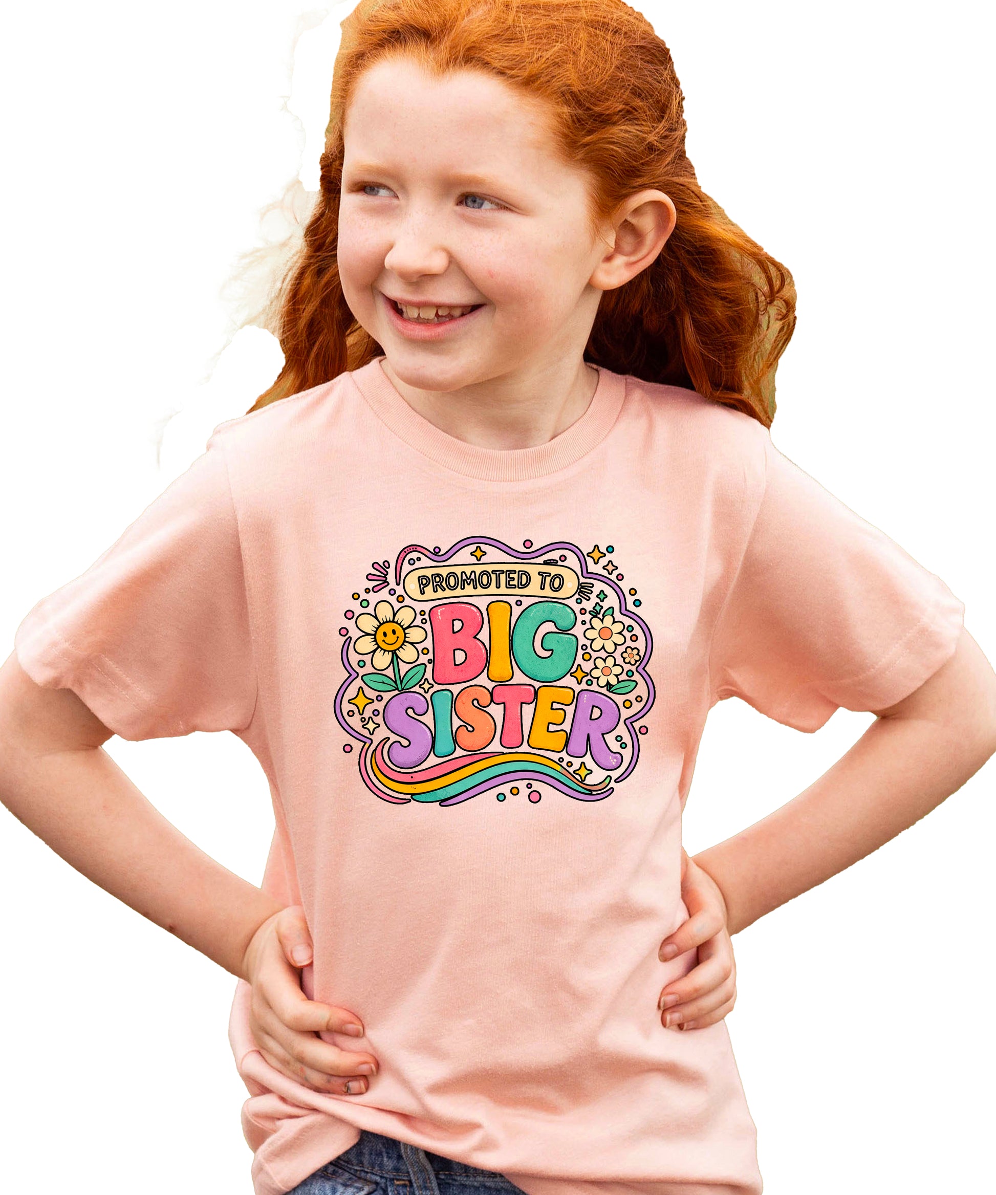 Promoted to Big Sister daisy rainbow girls tee in Peach by Olive Loves Apple (view 2)