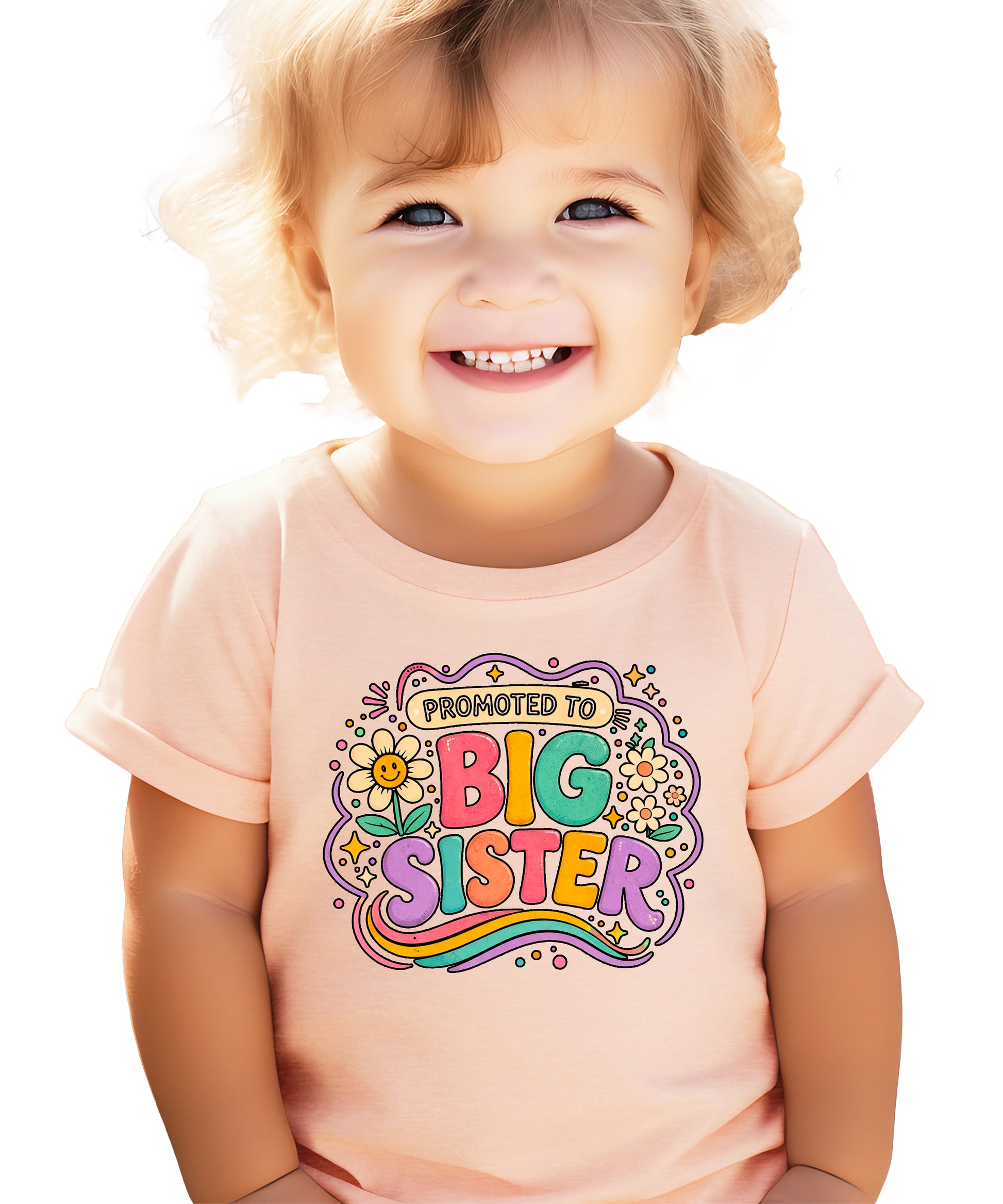 Promoted to Big Sister daisy rainbow girls tee in Peach by Olive Loves Apple (view 3)
