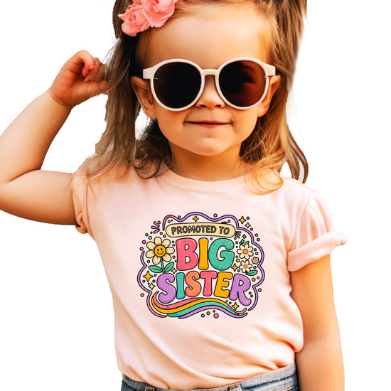 Promoted to Big Sister daisy rainbow girls tee in Peach by Olive Loves Apple (view 4)