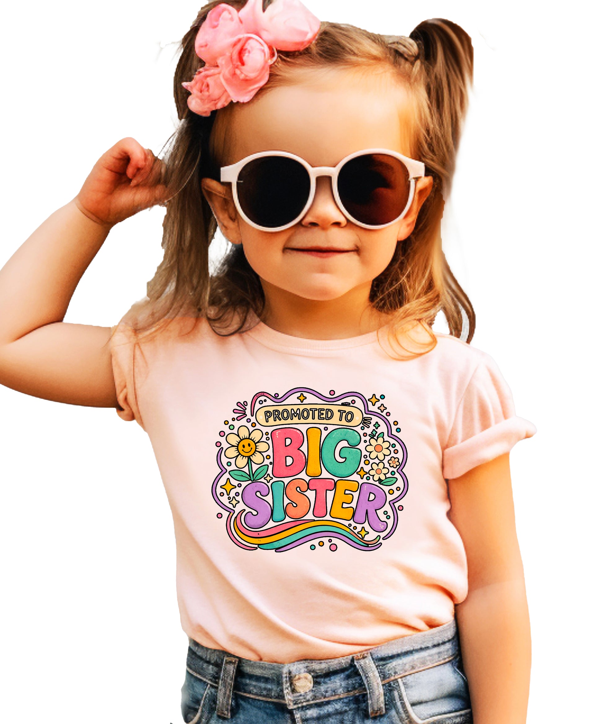 Promoted to Big Sister daisy rainbow girls tee in Peach by Olive Loves Apple (view 4)