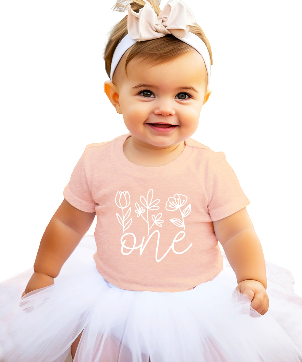 Floral One first birthday shirt for baby girls in white on peach, front view
