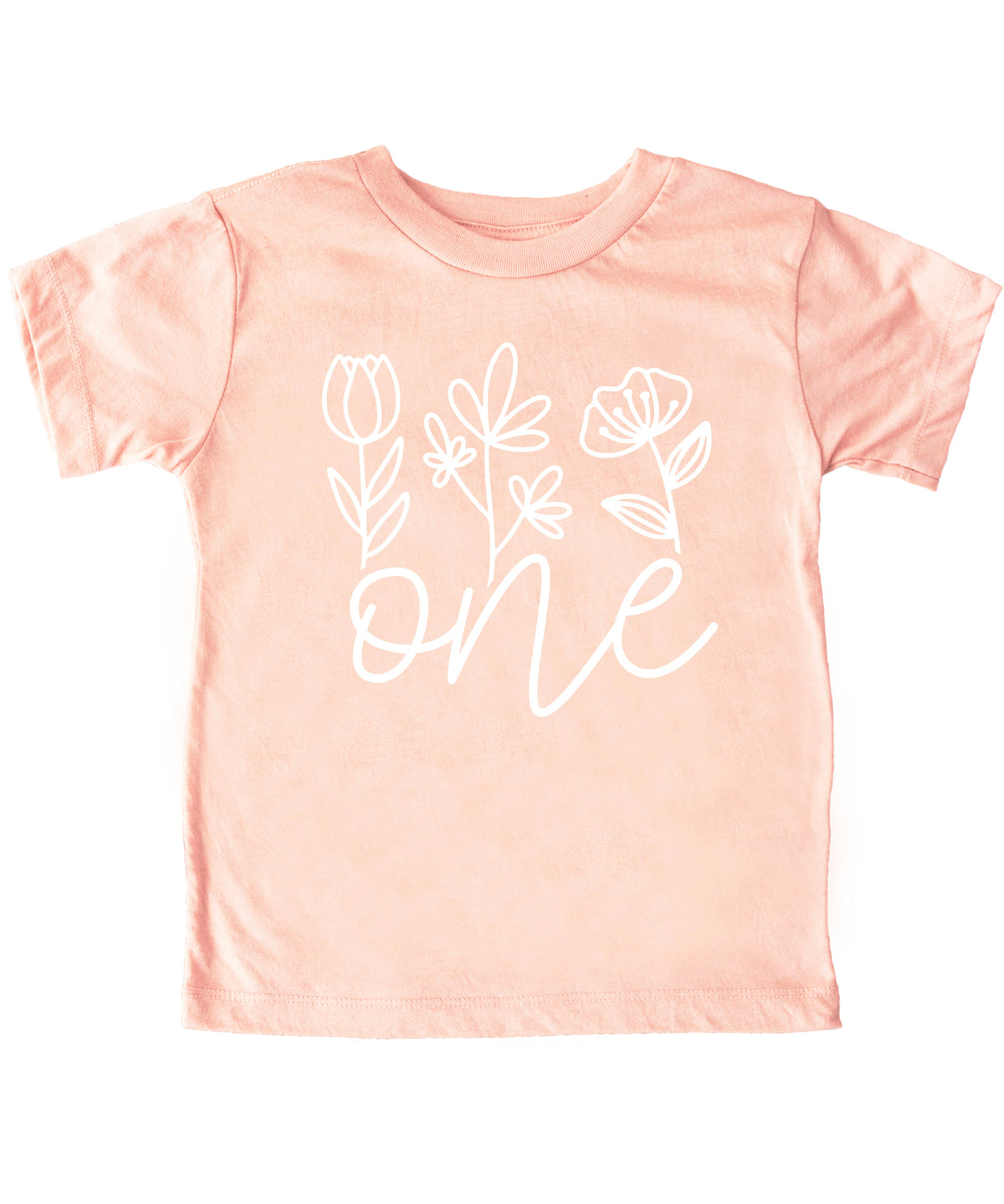 Floral One first birthday shirt for baby girls in white on peach, second view