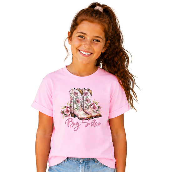 Big Sister floral cowgirl boots shirt for baby, toddler and youth girls in Pink Shirt - view 1