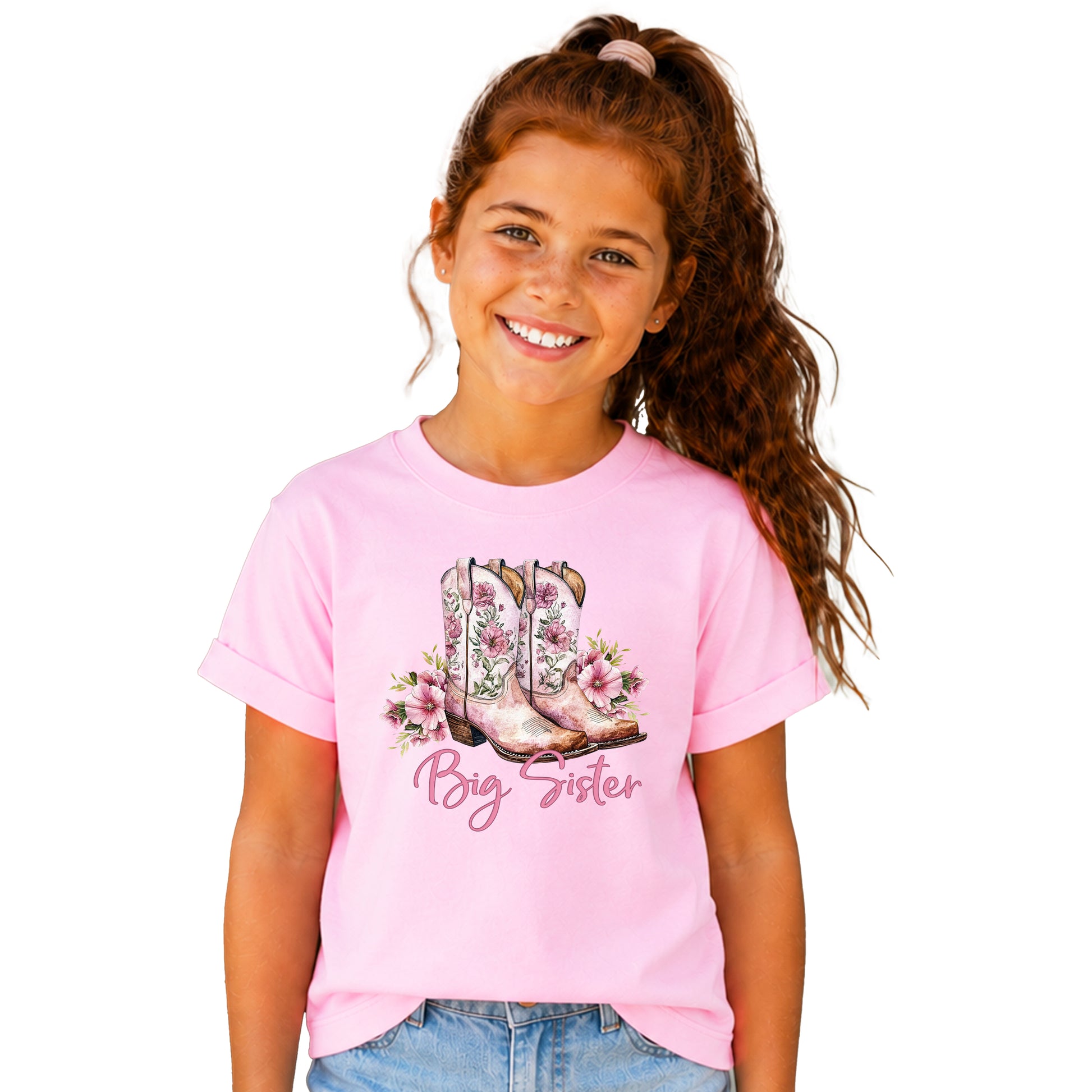 Big Sister floral cowgirl boots shirt for baby, toddler and youth girls in Pink Shirt - view 1