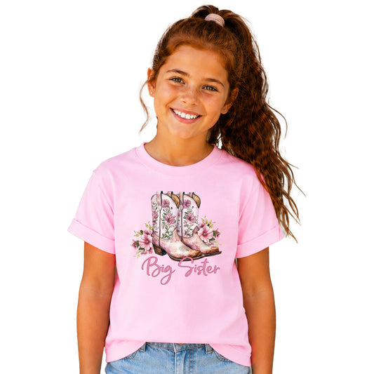 Big Sister floral cowgirl boots shirt for baby, toddler and youth girls in Pink Shirt - view 1