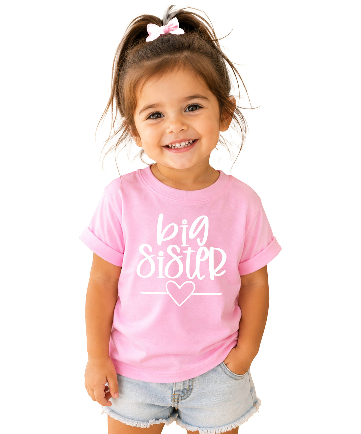 Big Sister heart sibling reveal t-shirt in white on pink, main view