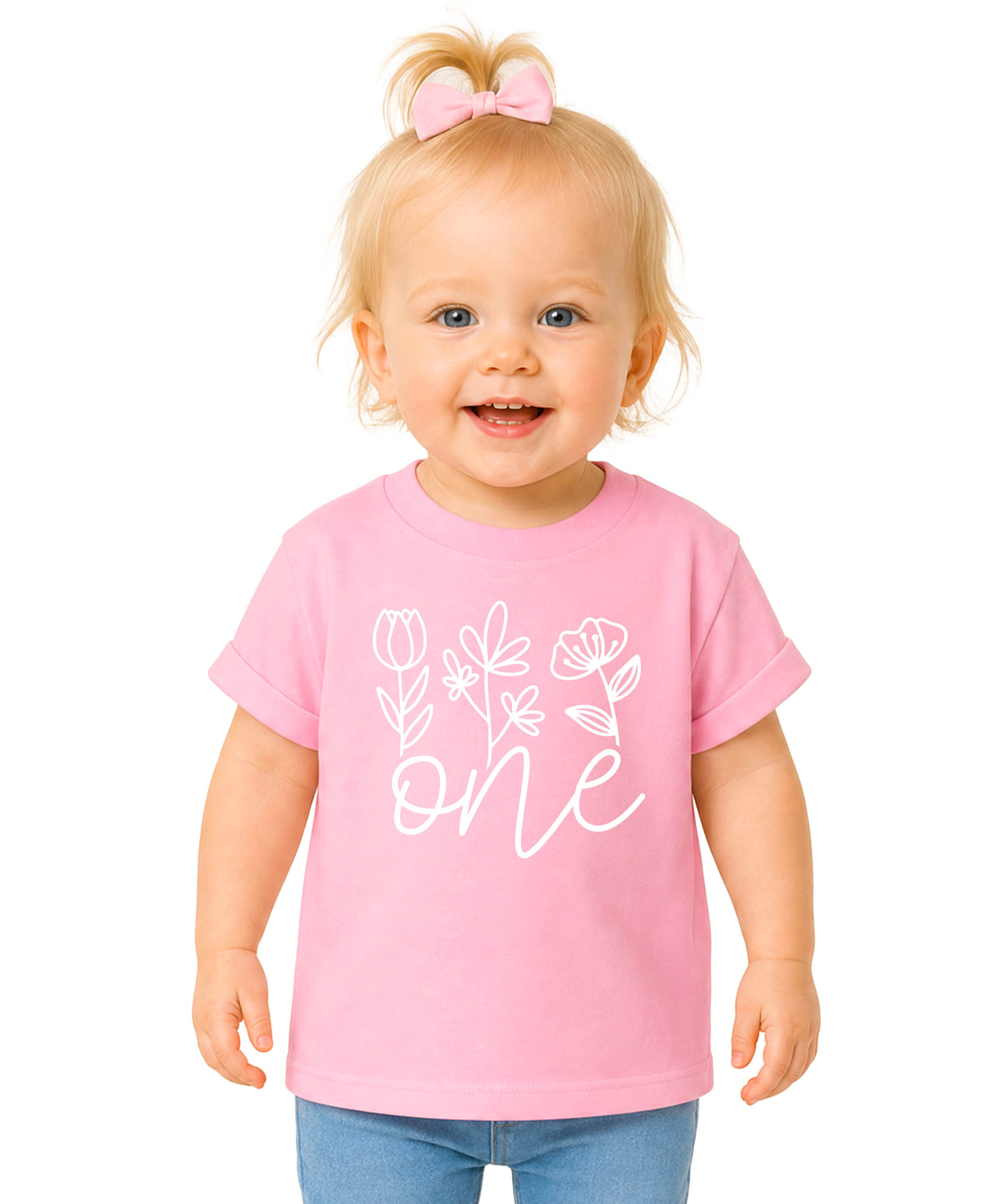 Floral One first birthday shirt for baby girls in pink, front view