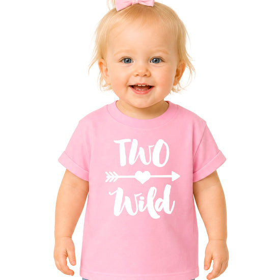 Two Wild 2nd birthday toddler girls shirt, white on pink, main front view