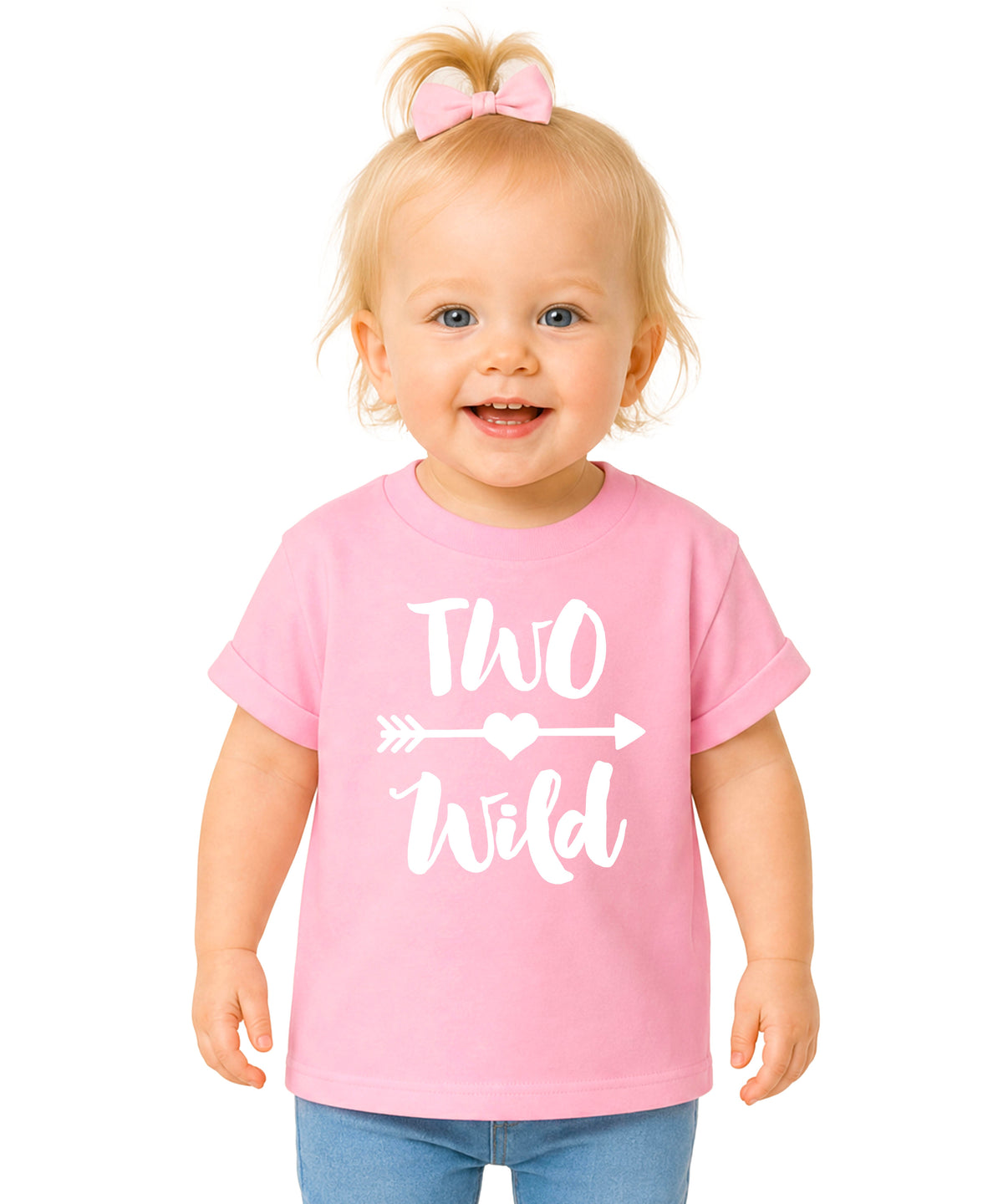Two Wild 2nd birthday toddler girls shirt, white on pink, main front view