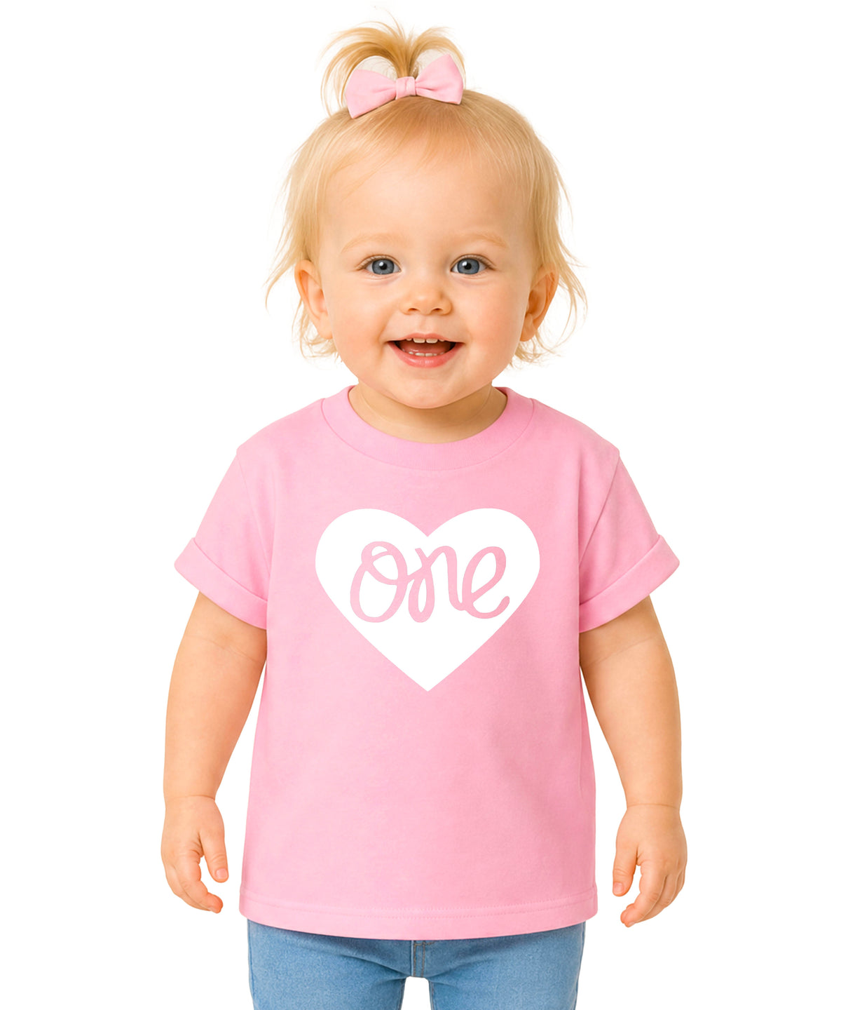 One in a Heart girls first birthday shirt, White on Pink, main product photo