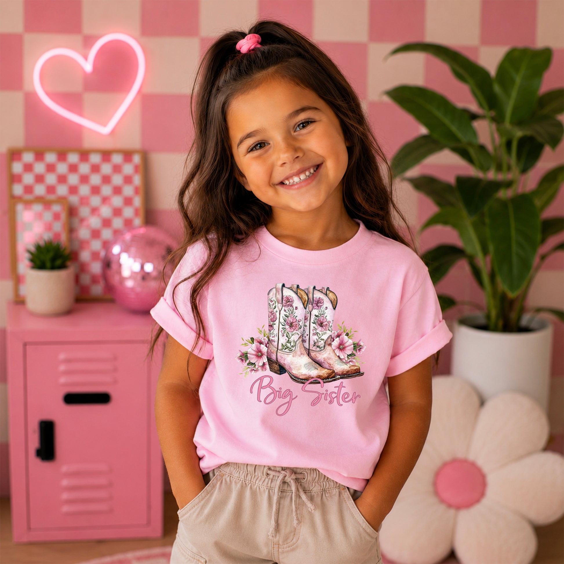 Big Sister floral cowgirl boots shirt for baby, toddler and youth girls in Pink Shirt - view 2