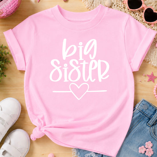Big Sister heart sibling reveal t-shirt in white on pink, second view