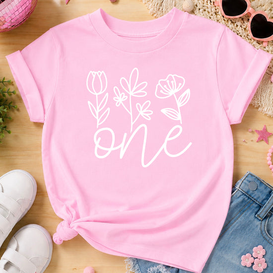 Floral One first birthday shirt for baby girls in pink, second view