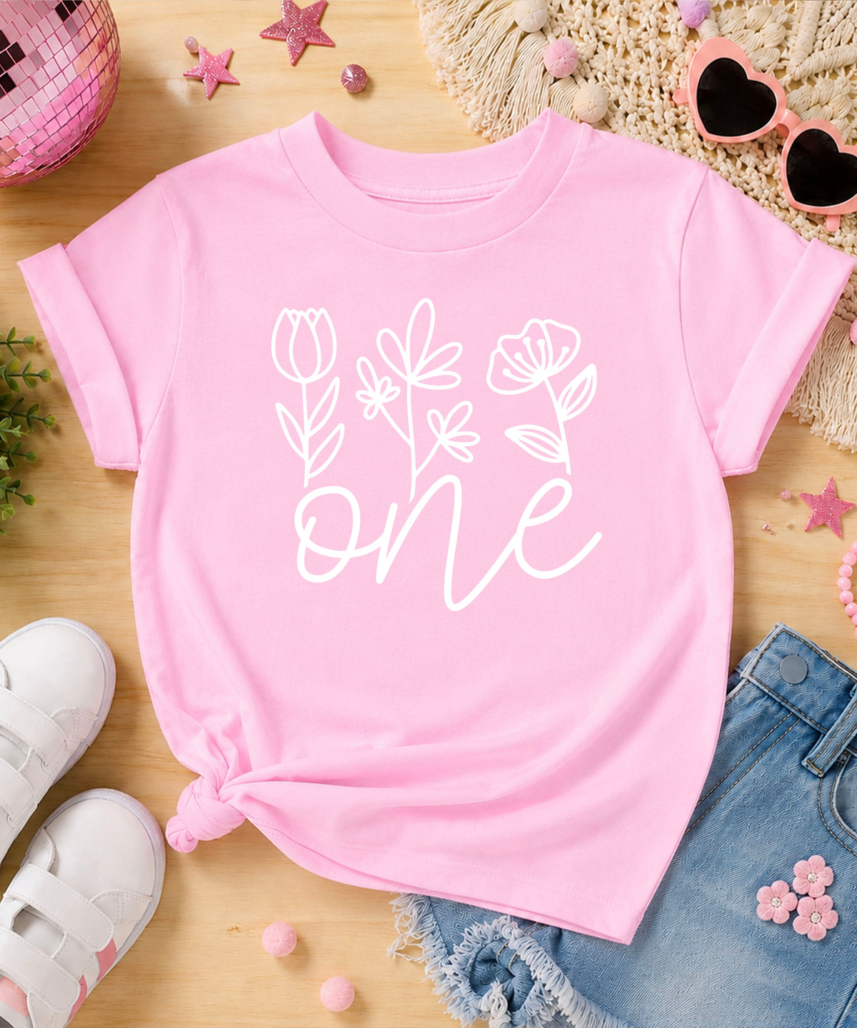 Floral One first birthday shirt for baby girls in pink, second view