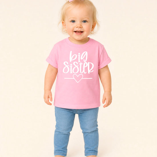 Big Sister heart sibling reveal t-shirt in white on pink, third view