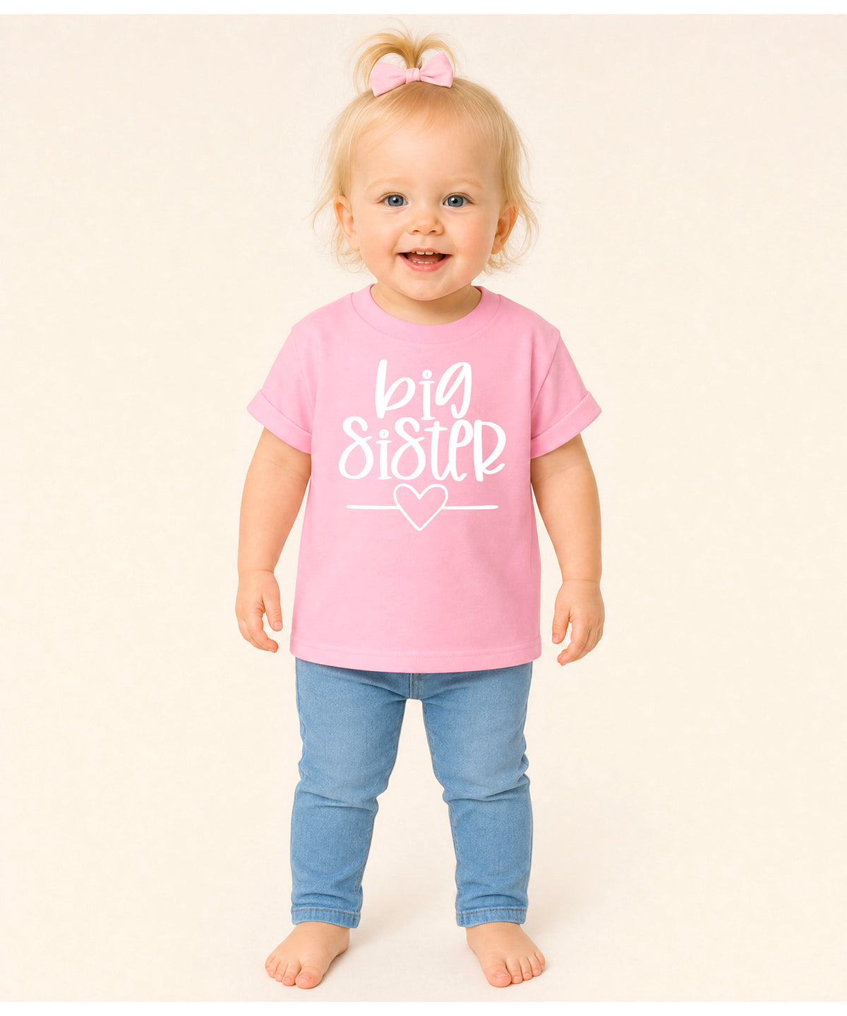Big Sister heart sibling reveal t-shirt in white on pink, third view
