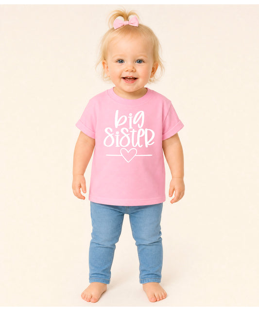 Big Sister heart sibling reveal t-shirt in white on pink, third view