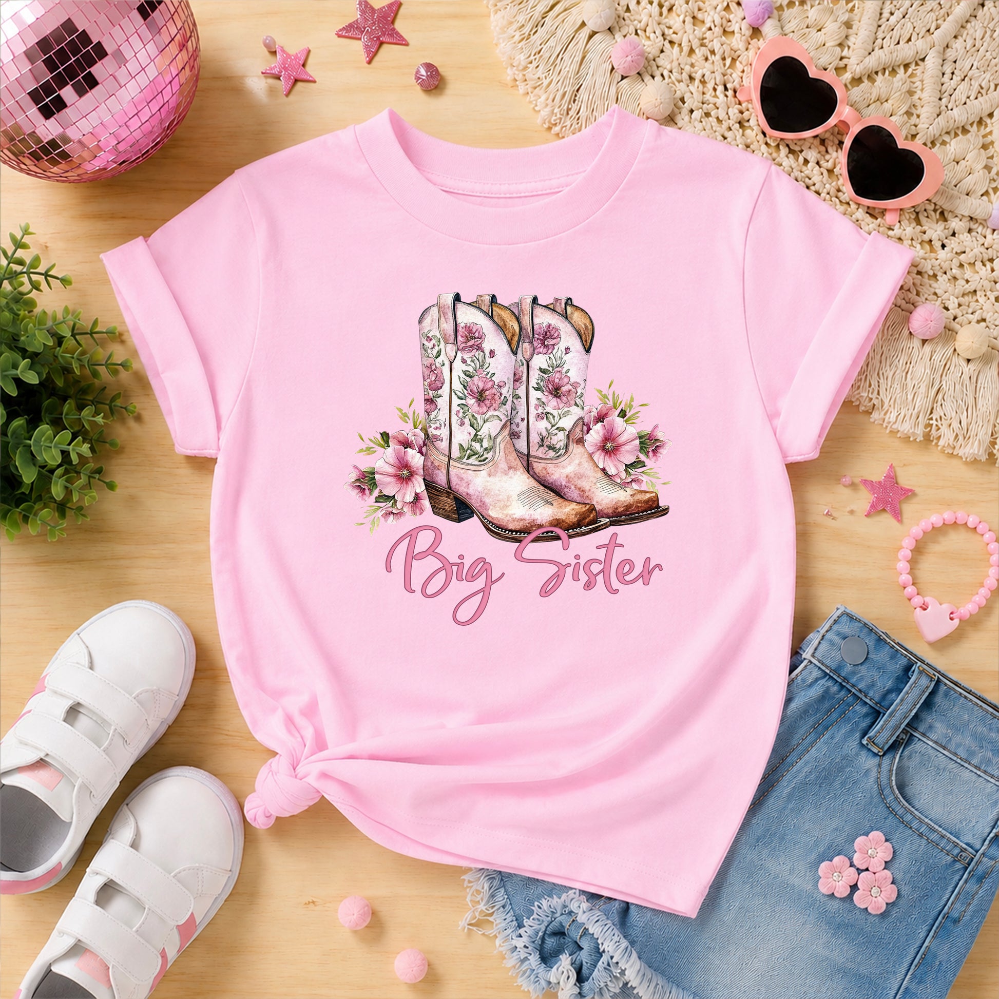 Big Sister floral cowgirl boots shirt for baby, toddler and youth girls in Pink Shirt - view 3
