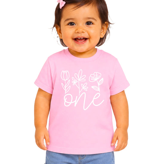Floral One first birthday shirt for baby girls in pink, third view