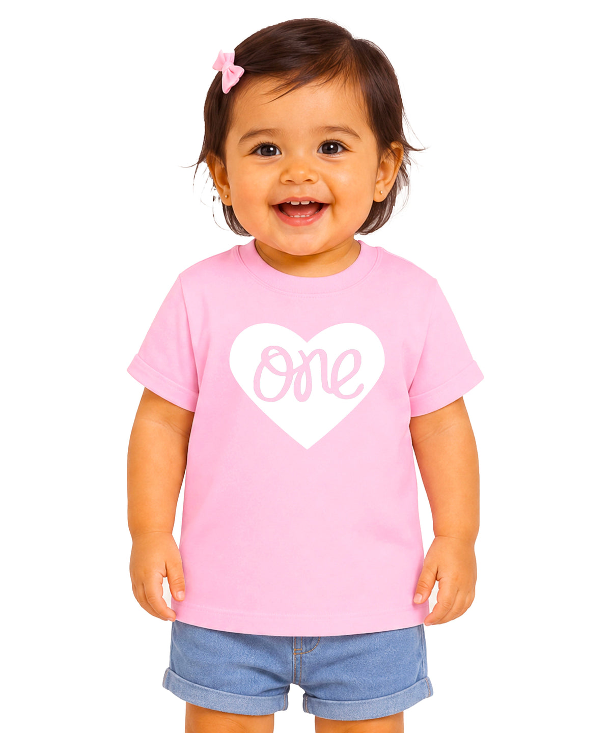One in a Heart girls first birthday shirt, White on Pink, additional view 3