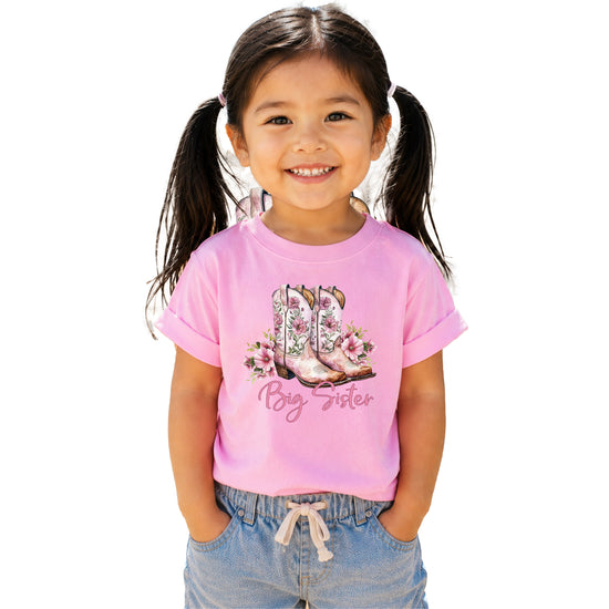 Big Sister floral cowgirl boots shirt for baby, toddler and youth girls in Pink Shirt - view 4