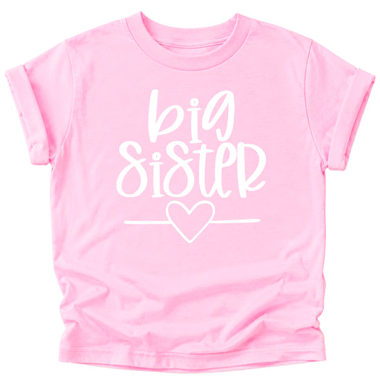 Big Sister heart sibling reveal t-shirt in white on pink, fourth view