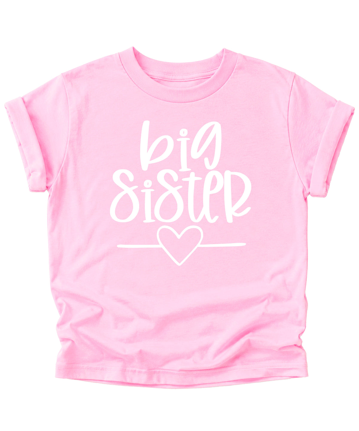 Big Sister heart sibling reveal t-shirt in white on pink, fourth view