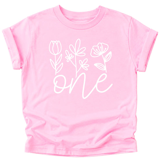 Floral One first birthday shirt for baby girls in pink, fourth view