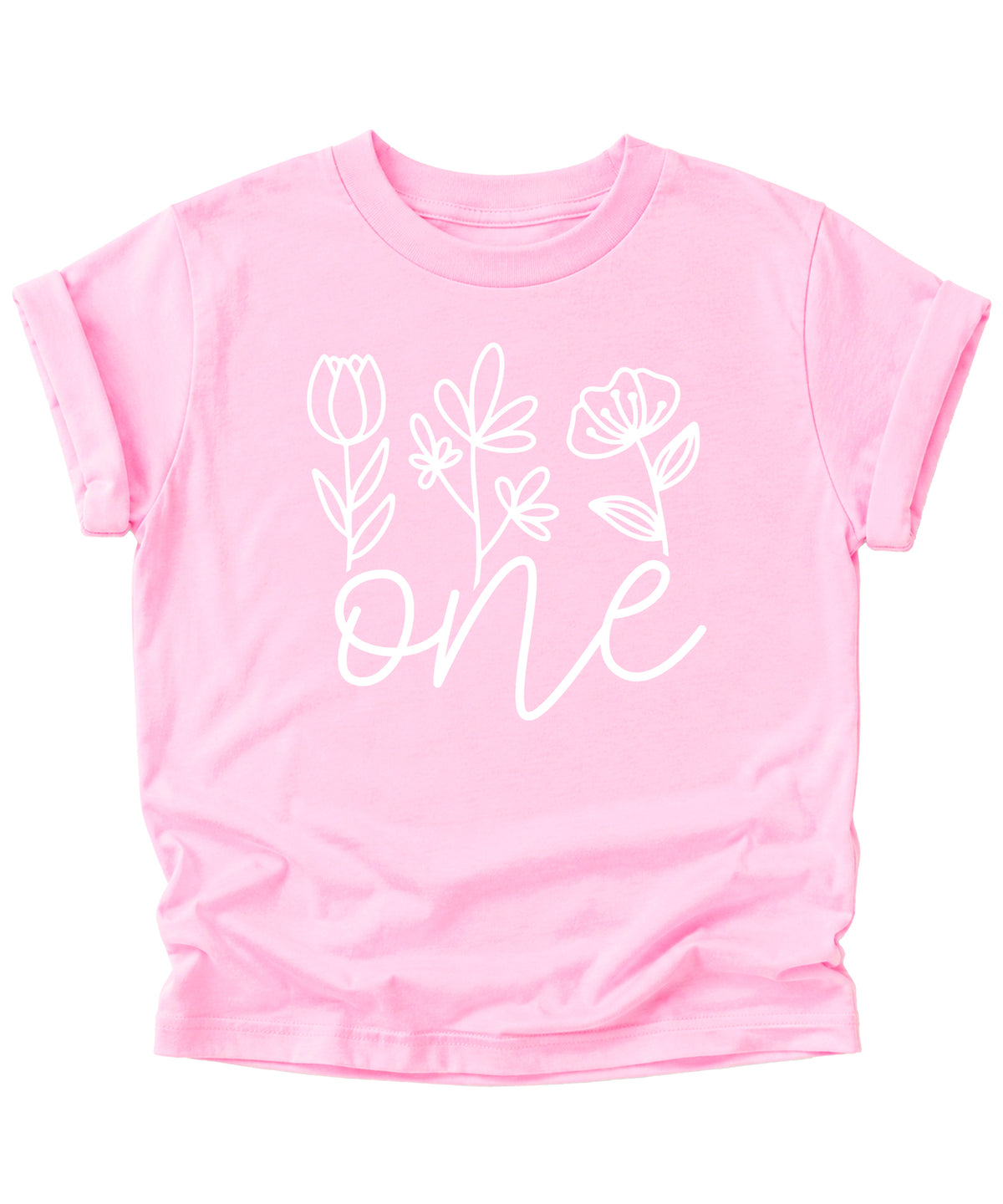 Floral One first birthday shirt for baby girls in pink, fourth view