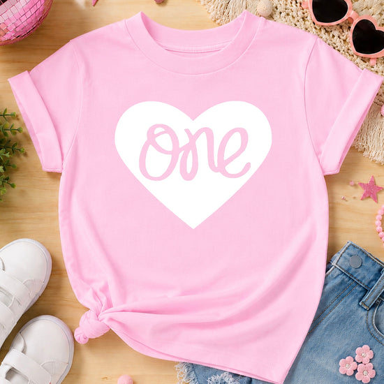 One in a Heart girls first birthday shirt, White on Pink, additional view 4